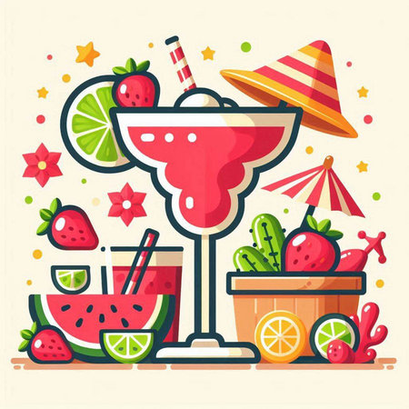 Summer flat vector illustration. Cocktail with lime, watermelon, ice cream and straws.のイラスト素材