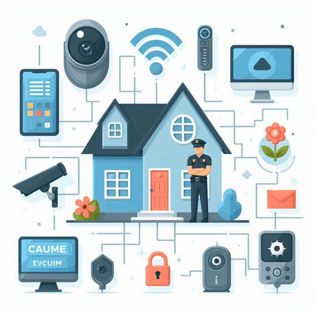 Security system concept. Vector illustration in flat cartoon style. Security camera, surveillance camera, house, keyhole, key, alarm, keypad, video camera.のイラスト素材