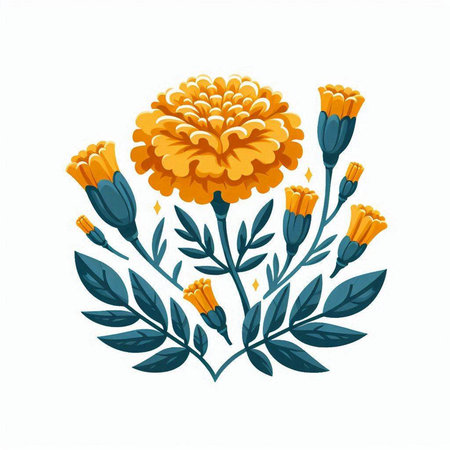Marigold flowers with leaves. Hand drawn vector illustration isolated on white background.のイラスト素材