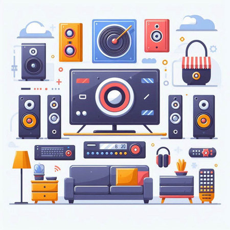 Home audio equipment. Vector illustration in flat cartoon style. Set of elements for your design.のイラスト素材