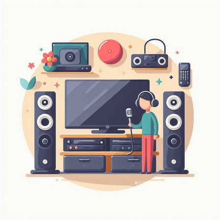 Home audio system flat vector illustration. Cartoon man with headphones listening to music.のイラスト素材