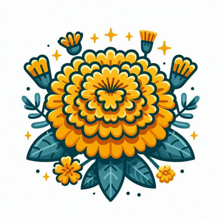 Illustration of a yellow flower with leaves and stars on a white backgroundのイラスト素材