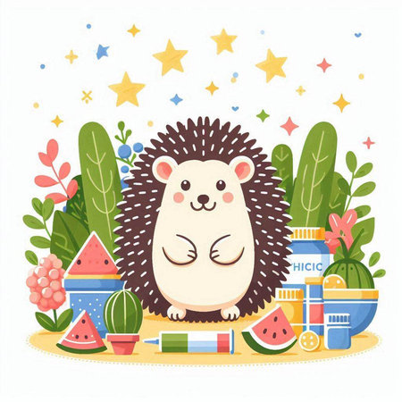 Cute hedgehog with watermelon, ice cream, ice cream and star. Vector illustration.のイラスト素材