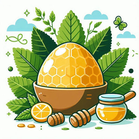 Honey in a bowl with honeycombs and leaves. Vector illustration.のイラスト素材