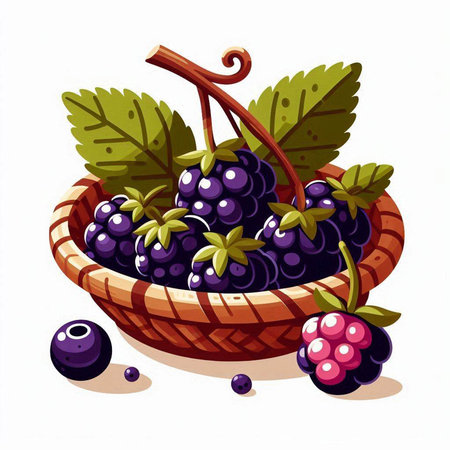 Basket with blackberries and raspberries. Vector illustration.のイラスト素材