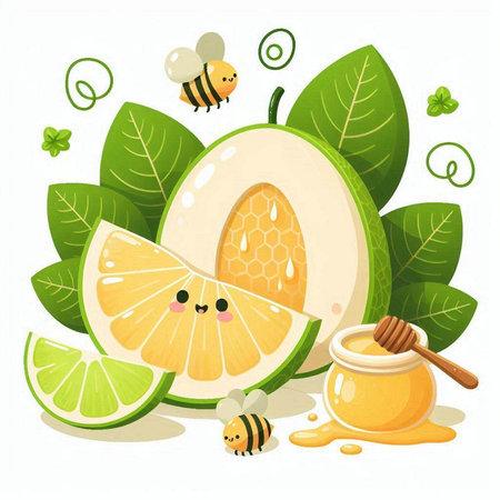 Illustration of a cute green lime with honey and bees on a white backgroundのイラスト素材