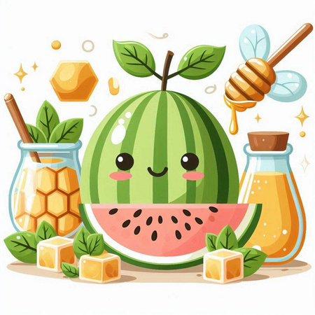Cute watermelon character with honey and mint. Vector illustration.のイラスト素材