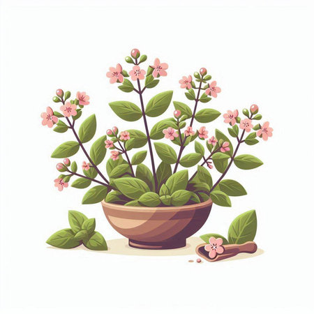 Flowering oregano in a clay pot. Vector illustrationのイラスト素材