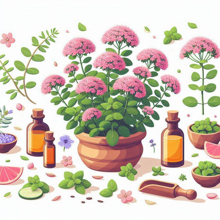 Illustration of a set of essential oils and herbs on a white backgroundのイラスト素材