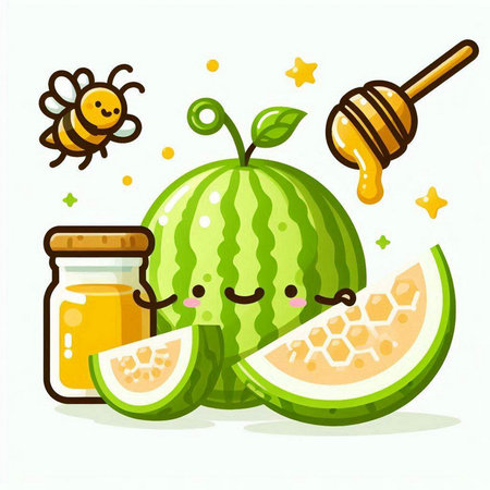 Cute cartoon watermelon with honey and bees. Vector illustration.のイラスト素材