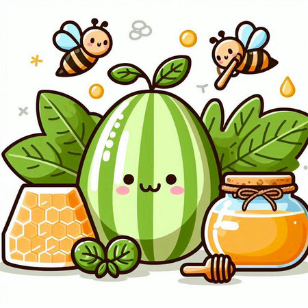 Cute watermelon character with honey jar and bees. Vector illustration.のイラスト素材