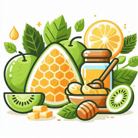 Honey in a jar, honeycomb, kiwi, lemon and mint. Vector illustration.のイラスト素材