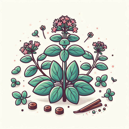 Vector illustration of fresh oregano with leaves and cinnamon sticks.のイラスト素材