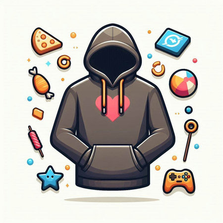 Hooded man in hoodie with different icons. Vector illustration.のイラスト素材