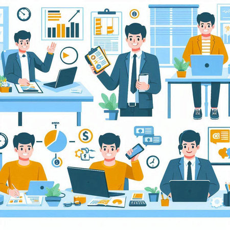 Vector illustration of business people working in office. Flat design style.のイラスト素材