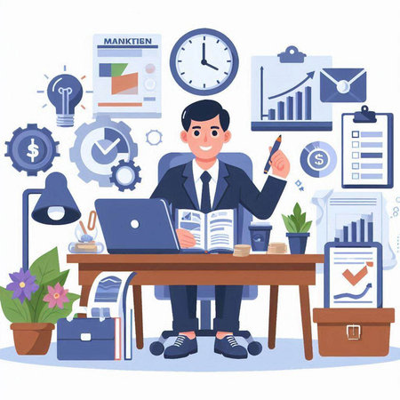 Businessman sitting at his desk in office. Vector illustration in flat styleのイラスト素材