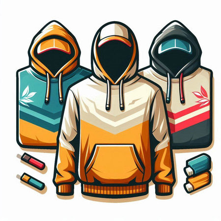 Hooded hoodie and other types of hoodies. Vector illustration.のイラスト素材
