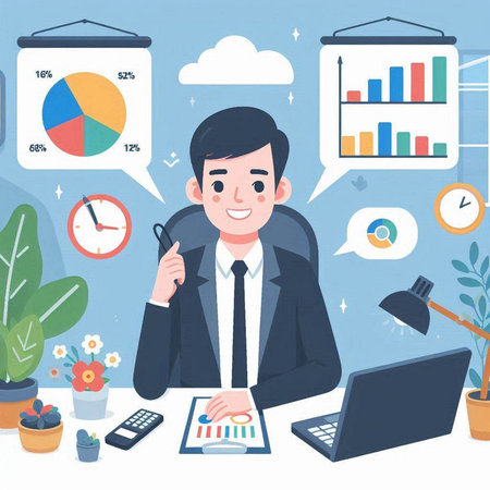 Businessman working in office. Vector illustration in flat cartoon style.のイラスト素材