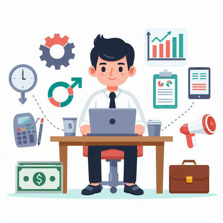 Businessman working at office with laptop. Flat style vector illustration.のイラスト素材