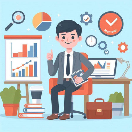 Businessman sitting on chair in office and showing thumb up. Vector illustrationのイラスト素材