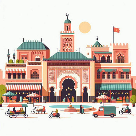 Doha, Qatar. Traditional architecture and street market. Vector illustration.のイラスト素材