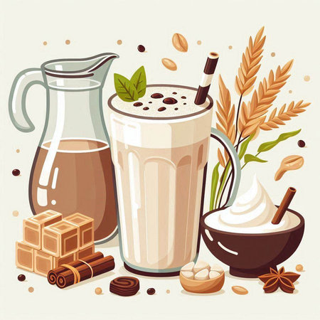 Coffee, milk, chocolate, cream, beans, cinnamon. Vector illustrationのイラスト素材