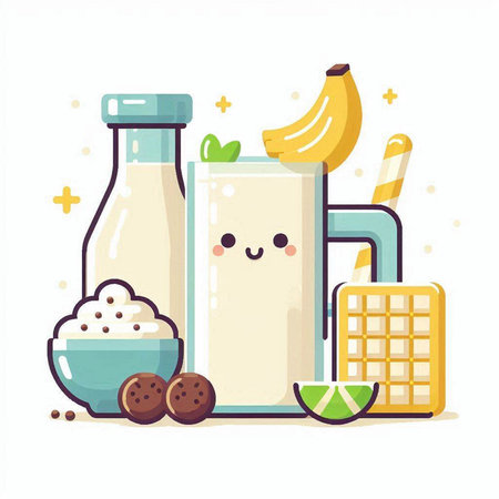 Milk and fruits. Cute cartoon characters. Vector illustration.のイラスト素材