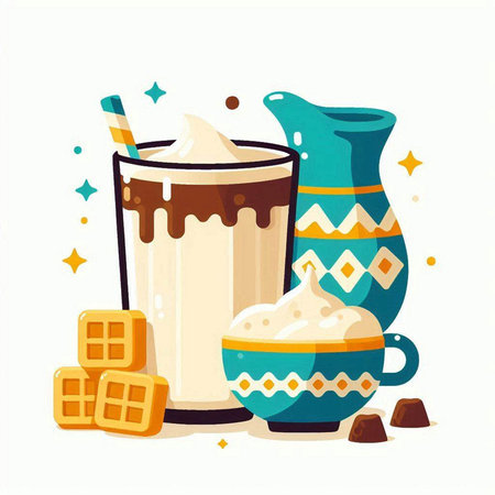 Milkshake and waffles. Vector illustration in flat style.のイラスト素材