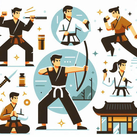 Taekwondo martial art flat icons set with kendo fighter in uniform vector illustrationのイラスト素材