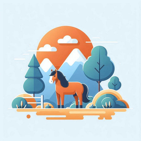 Landscape with horse and mountains. Flat design vector illustration. EPS 10のイラスト素材
