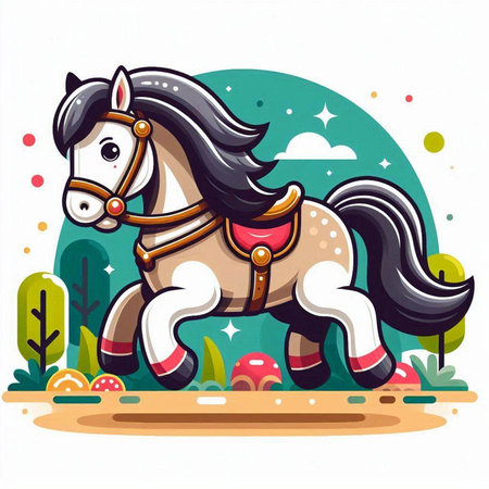 Cute cartoon horse in the park. Vector illustration on white background.のイラスト素材