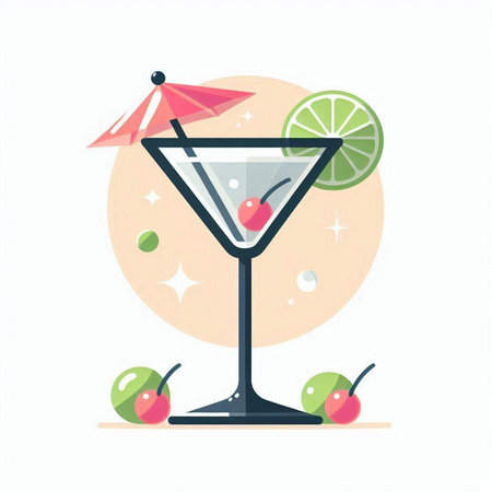 Cocktail with cherry, lime and umbrella. Vector illustration.のイラスト素材