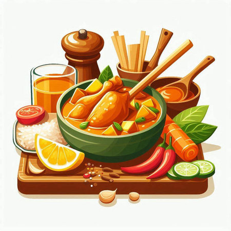 Vector illustration of chicken curry in bowl with ingredients and spices on wooden boardのイラスト素材