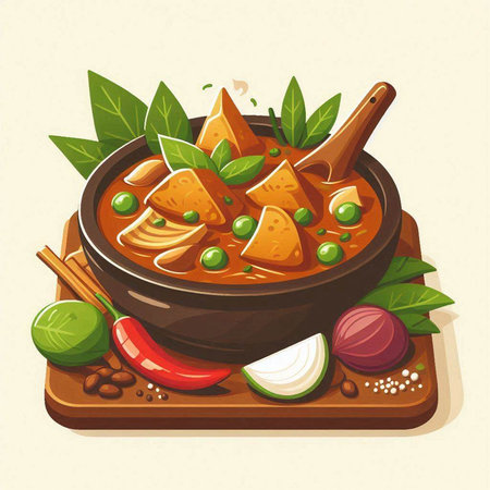 Illustration of a bowl of spicy chicken curry with vegetables and spicesのイラスト素材
