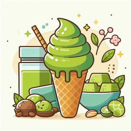 Green tea ice cream in a waffle cone. Vector illustration.のイラスト素材