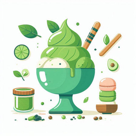 Green tea ice cream in a glass bowl. Vector illustration in flat style.のイラスト素材