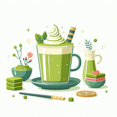 Vector illustration of green tea latte in a glass cup with ingredients aroundのイラスト素材