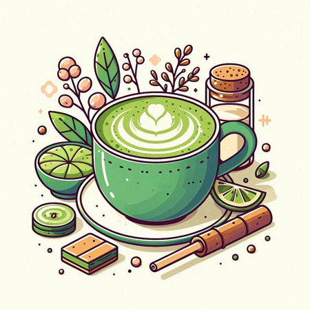 Matcha latte with lime and mint. Hand drawn vector illustration.のイラスト素材