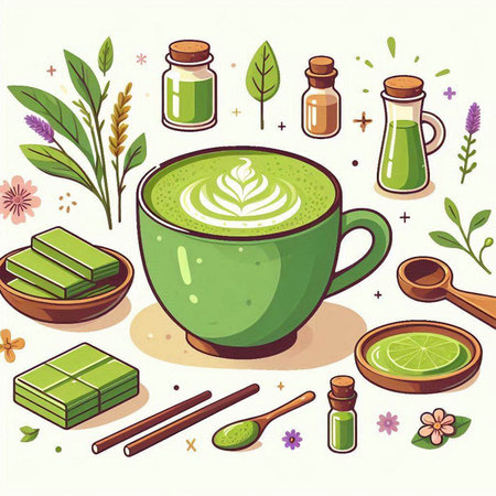 Matcha green tea and ingredients. Vector illustration in cartoon style.のイラスト素材