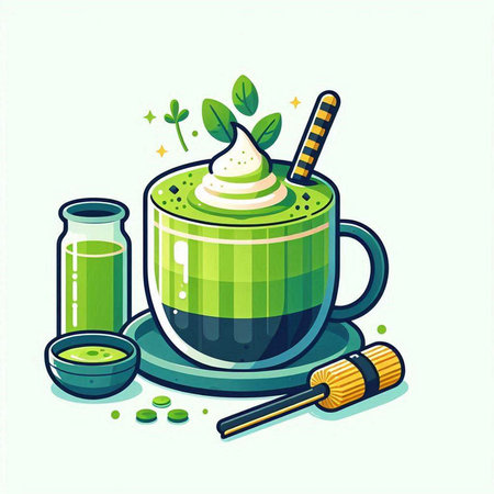 Matcha latte with whipped cream in a cup. Vector illustration.のイラスト素材