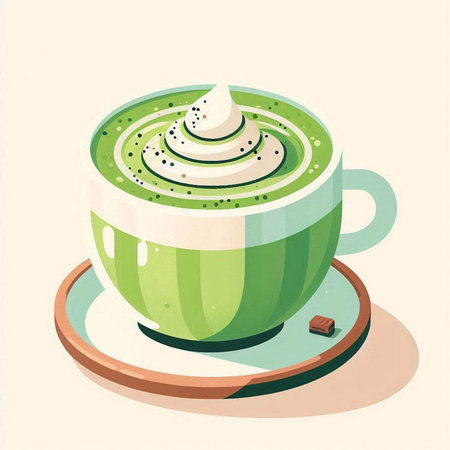 Cup of matcha latte with whipped cream. Vector illustration.のイラスト素材