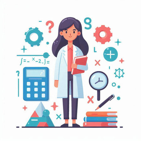 Cartoon female doctor standing near pile of books and calculator. Vector illustrationのイラスト素材