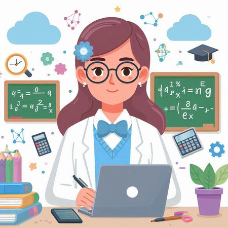 Vector Illustration of a Cute Girl Student Working on a Laptopのイラスト素材
