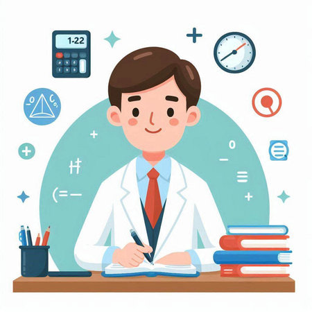 Young male doctor sitting at desk and writing in notebook. Vector illustrationのイラスト素材