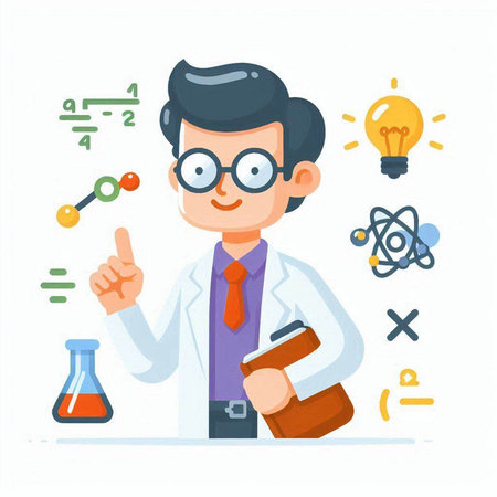 Scientist man working with science icons. Vector illustration in cartoon styleのイラスト素材