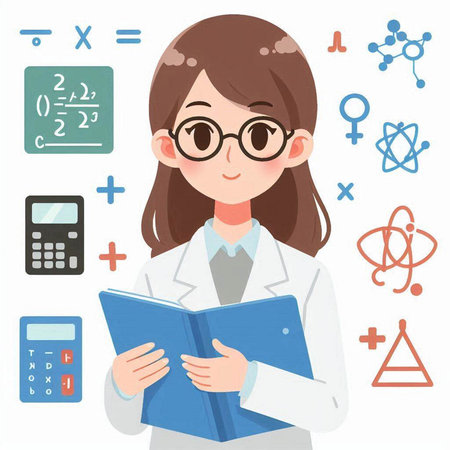 Illustration of a female scientist holding a book in front of a set of scientific iconsのイラスト素材