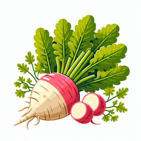 Radish with green leaves isolated on white background. Vector illustration.のイラスト素材