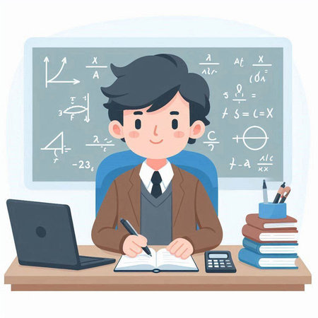 Male teacher at the desk with a notebook and a laptop. Vector illustration.のイラスト素材