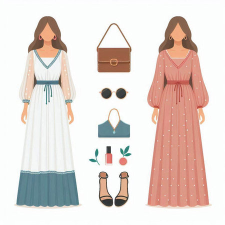 Women's clothing and accessories set. Vector illustration of women's clothing.のイラスト素材