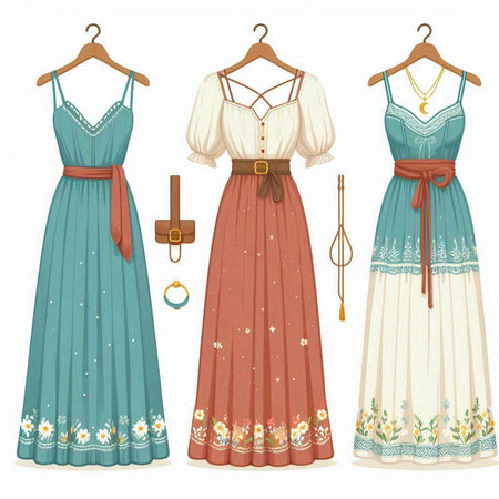 Set of vintage women's dresses on hangers. Vector illustration.のイラスト素材